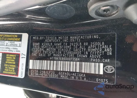 2013 Toyota Avalon Xle Premium из США, поврежденный, VIN 4T1BK1EB6DU073564